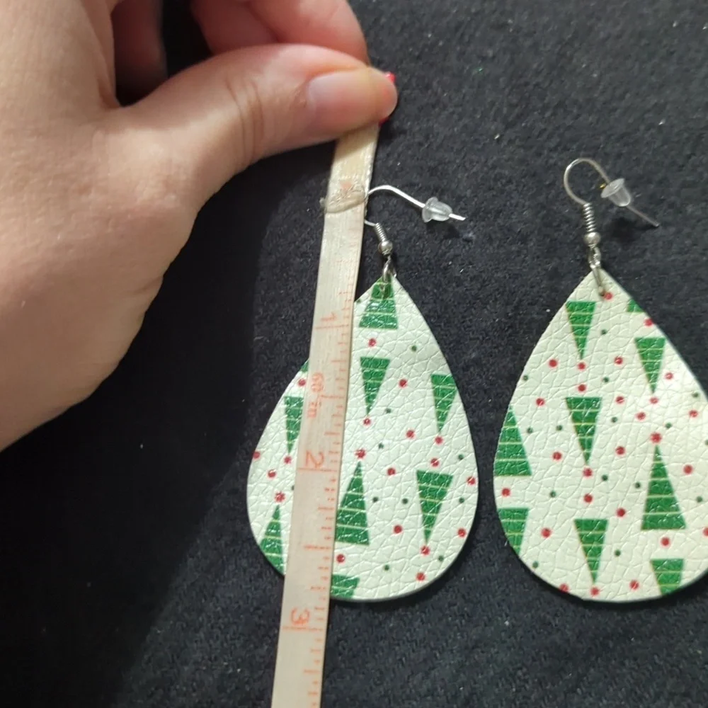 Green and Red Faux Leather Christmas Tree Holiday Dangle Statement Earrings